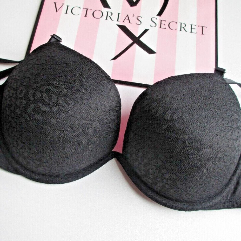 VICTORIA'S SECRET PINK Super Push-Up Bra Black Leopard Lace 36D NWT
